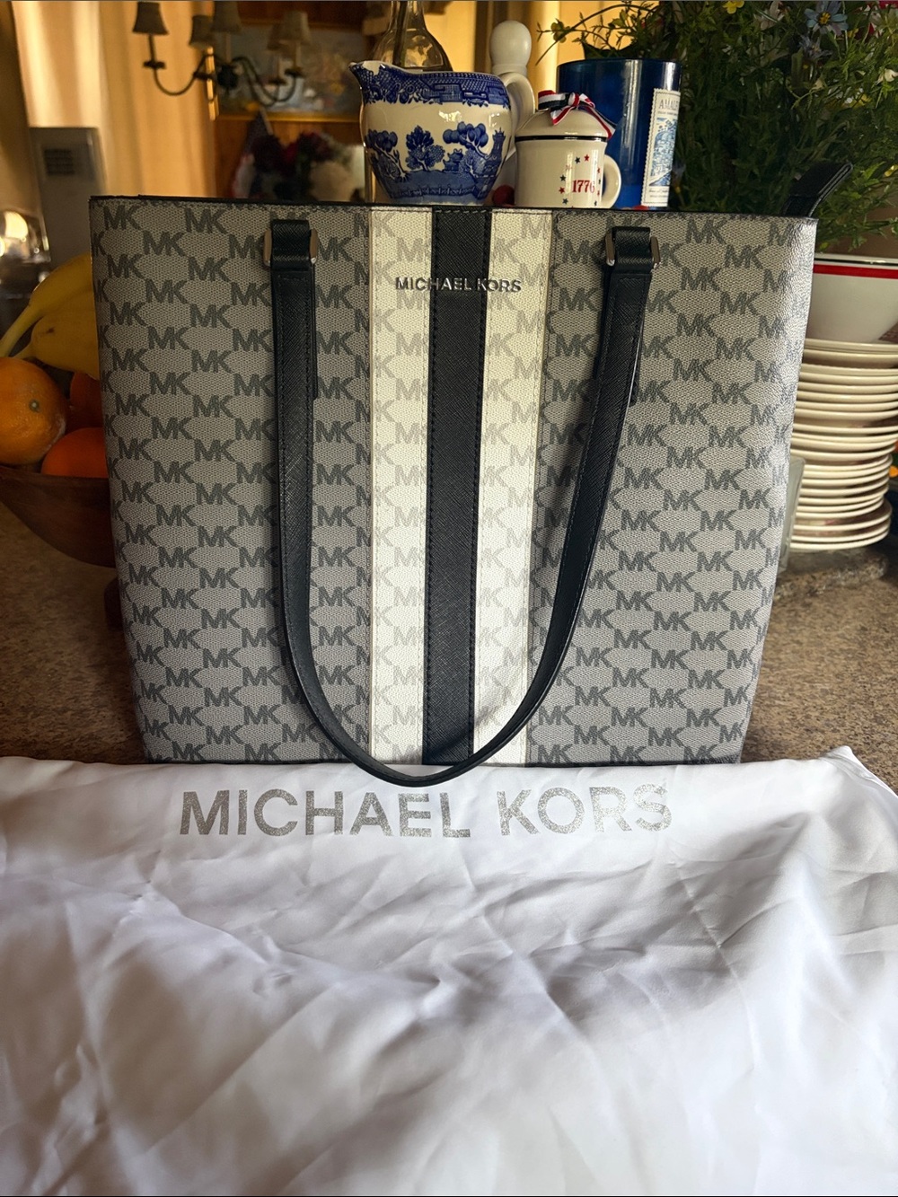 Michael Kors Gray and Black MK Logo Stripe Tote
